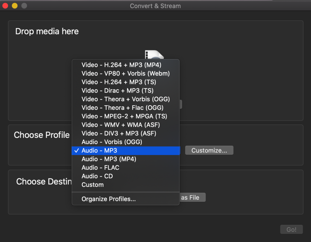 vlc for mac converting video to audio files