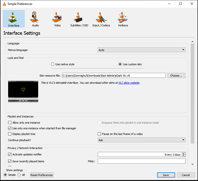 VLC Skin Interface 