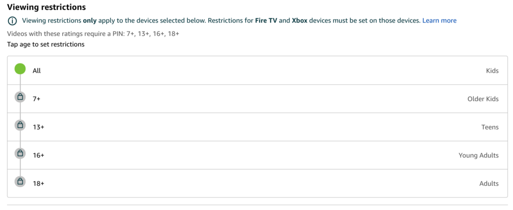 Amazon prime video Parental Age Restrictions