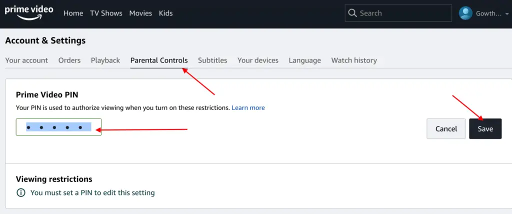 Amazon prime video Parental Controls