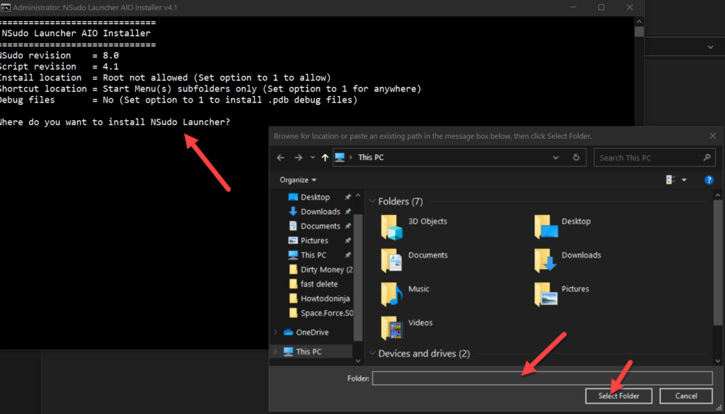 NSudo Launcher AIO installer Select folder