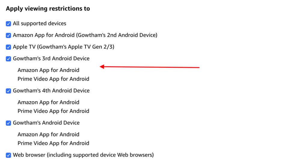 Amazon prime video Viewing Restrictions devices