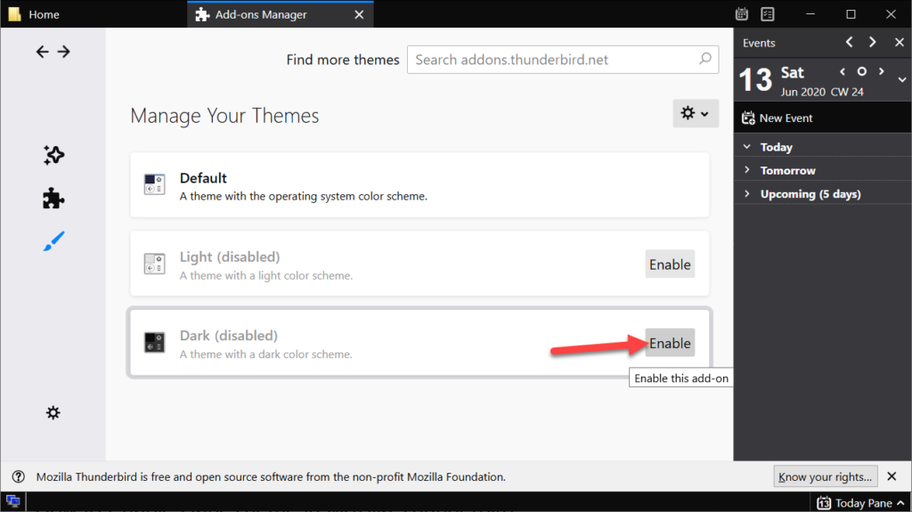 Mozilla Thunderbird Enable Dark Theme Addon