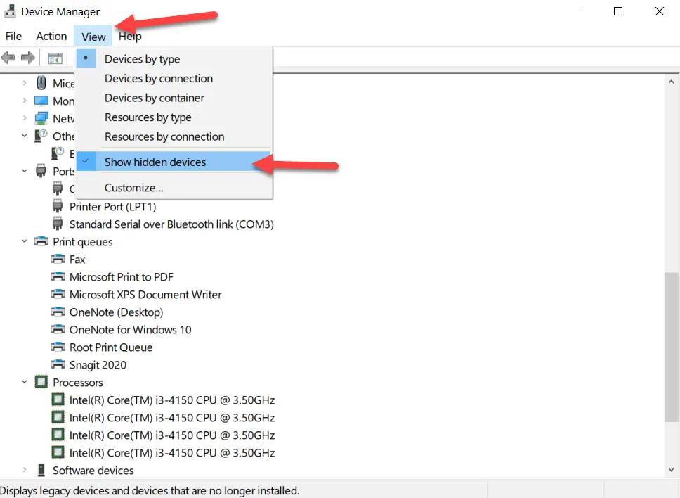 show hidden devices around device manager 2008 r2