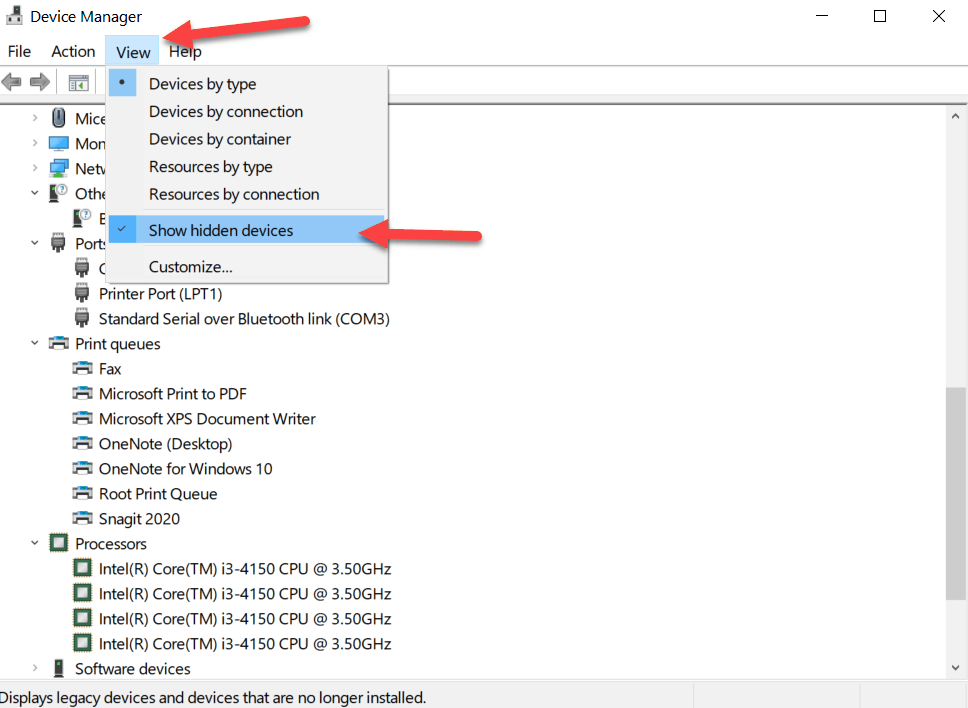 View hidden devices in windows