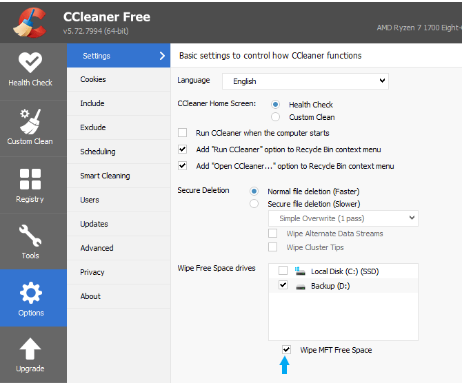 wipe mft space ccleaner