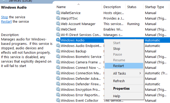 one or more audio service isn t running