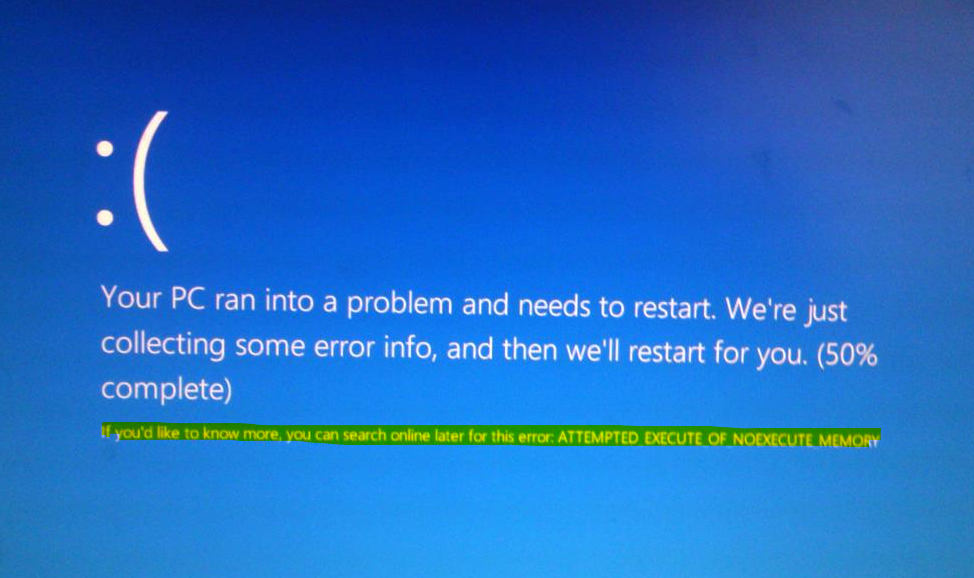 Ошибка attempted execute of noexecute memory windows 10